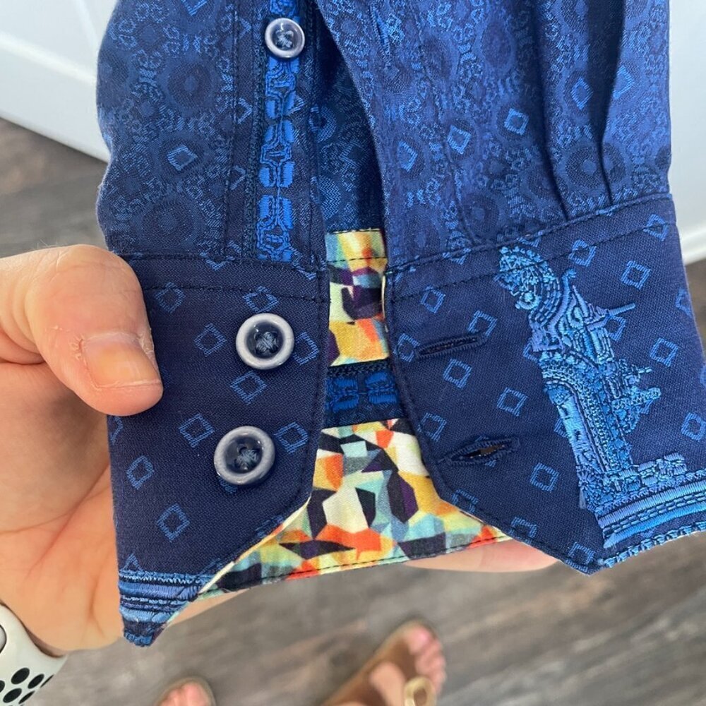 Robert Graham Men's Button Down Shirt Jacquard Blue Size L Long Sleeve - Picture 4 of 15
